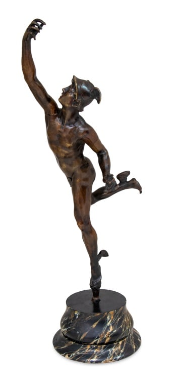 Giambologna "Mercury" Patinated Bronze: After Giambologna (Jean de Boulogne, Italian, 1529-1608) "Mercury" Patinated Bronze Sculpture, the god lacking his caduceus, on a later simulated marble base. 27" H x 8" W x 14" D. Keywords: French Ar