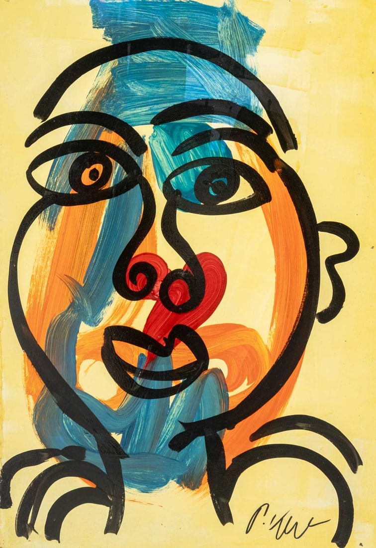 Peter Robert Keil Untitled Acrylic on Masonite: Peter Robert Keil (German, b. 1942), Untitled (Abstract Face), Acrylic on Masonite, signed "P. Keil" lower right, unframed. 39.25" H x 27" W x 0.25" D. Provenance: From a New Jersey Collection. Keywor