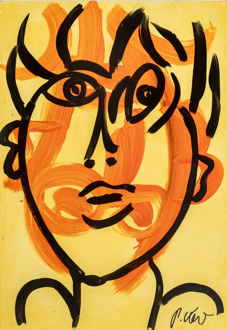 Peter Robert Keil Untitled Acrylic on Masonite: Peter Robert Keil (German, b. 1942), Untitled (Abstract Faces in Orange and Black), Acrylic on Masonite, signed "P. Keil" lower right, unframed. 39" H x 27.25" W x 0.25" D. Provenance: From a New Jers