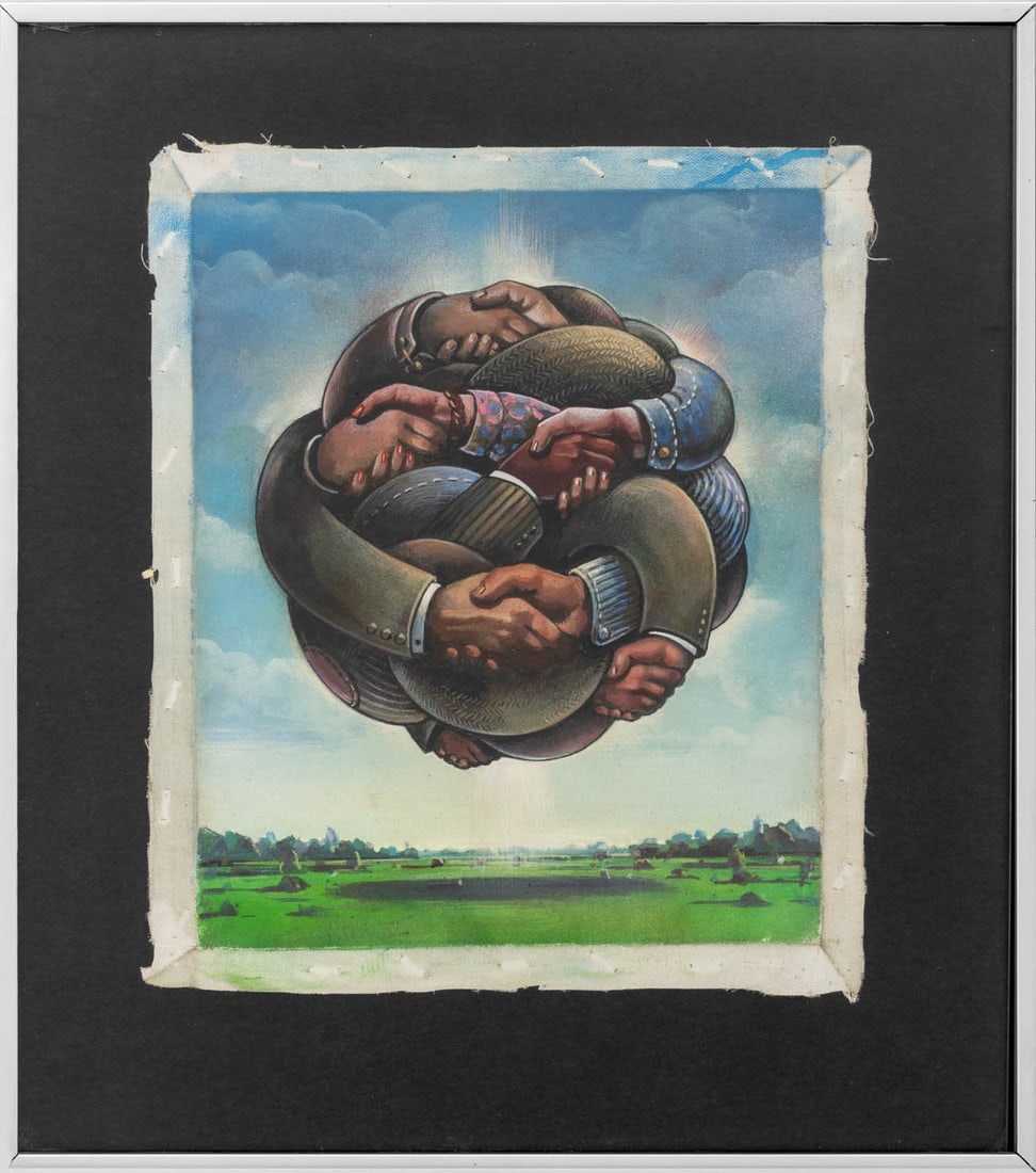 Stanislaw Zagorski Holding Hands Mixed Media: Stanislaw Andrzej Zagorski (Polish, 1933-2025), Holding Hands Amongst a Landscape Scene, Mixed Media on Unstretched Canvas, unsigned, silver-tone frame. Image: 11.75" H x 9.75" W; frame: 18.5" H x 16.