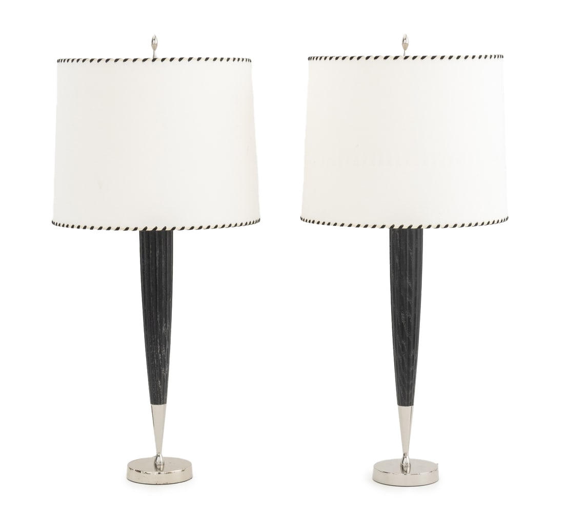 Art Deco Style Fluted Wood & Chrome Lamps, Pair (1 of 7)