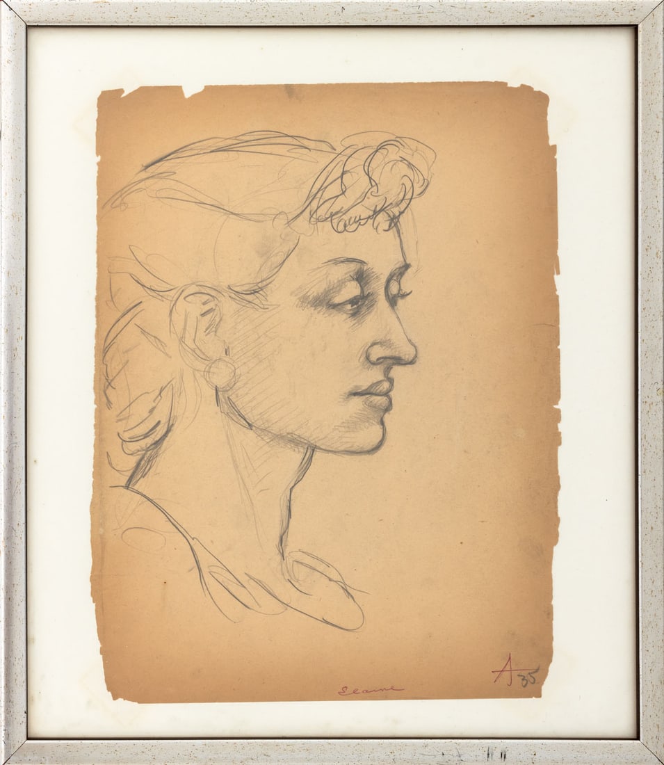 Peter Agostini "Elaine" Graphite on Paper, 1935: Peter Agostini (American, 1913-1993), "Elaine", Graphite on Paper, 1935, signed and dated "A34" lower right, titled lower center, silver-tone frame. Image: 12" H x 9" W; frame: 15" H x 13" W x 0.5" D.