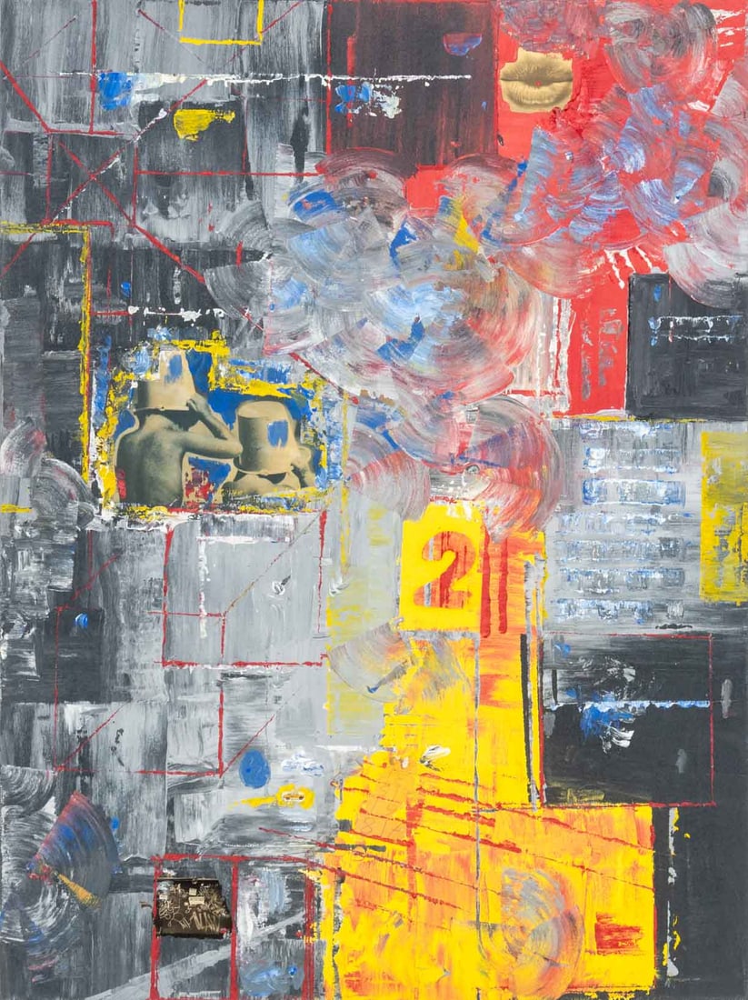 Contemporary Abstract Mixed Media Collage: Contemporary School, Abstract Composition, Mixed Media Collage on Canvas, unsigned. 48" H x 36" W x 1.5" D. Provenance: From a New Jersey Collection. Keywords: Painting, Multimedia, Collage, Found Obj