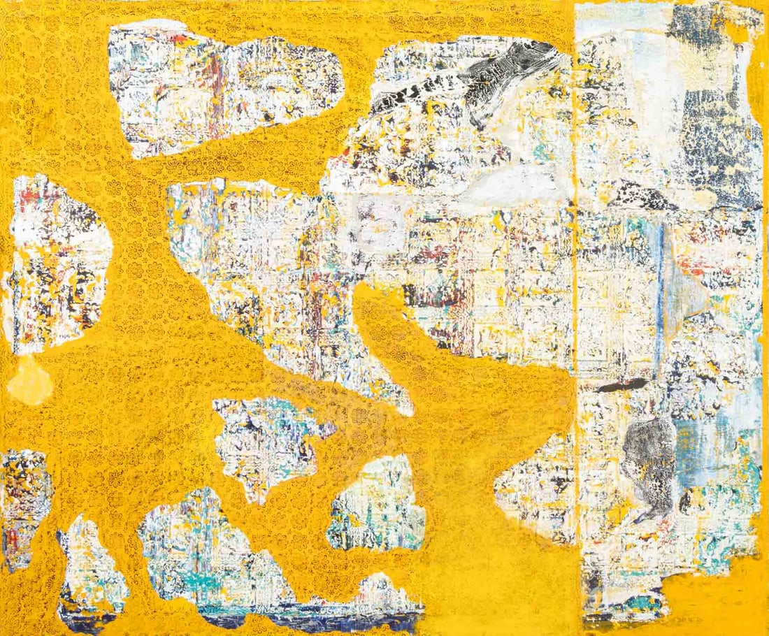Contemporary Abstract Composition Mixed Media: Contemporary School, Abstract Composition in Yellow, Mixed Media on Canvas, unsigned. 72" H x 59.5" W x 1.25" D. Provenance: From a New Jersey Collection. Keywords: Painting, Works on Canvas, Multimed