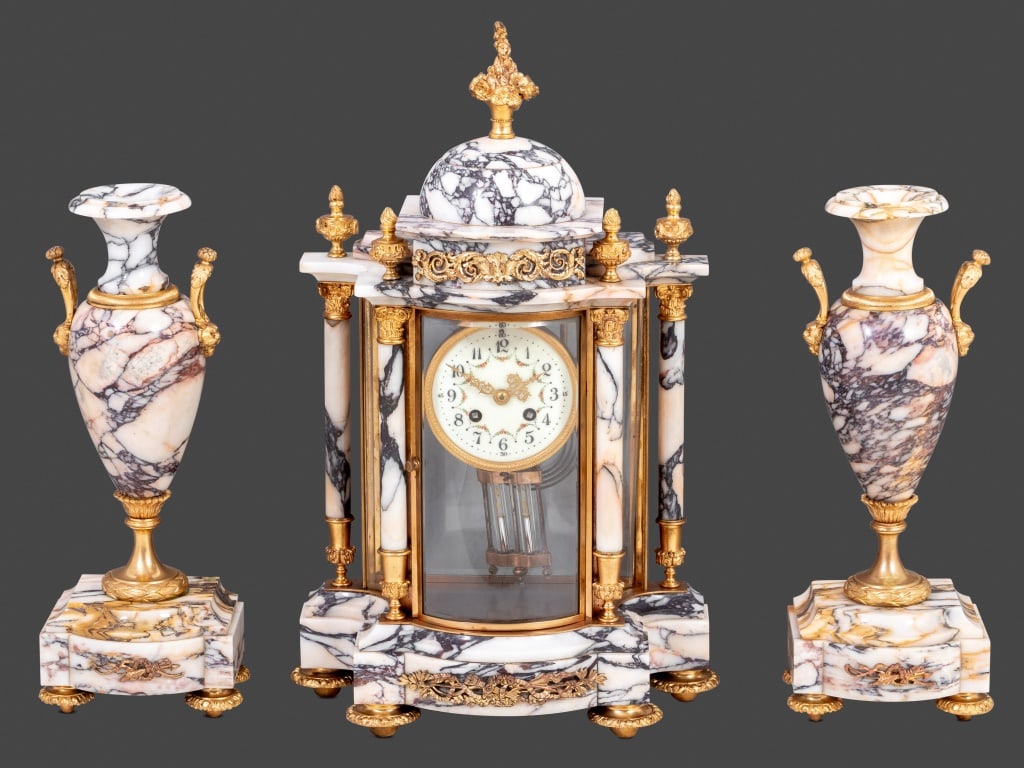 Louis XVI Style Gilt Bronze & Marble Clock Set, 3: Louis XVI Style Gilt Bronze and Marble Three Piece Clock Set, the clock case with cupola and columnar supports, enameled dial, the movement with mercury compensated pendulum and strike on gong,