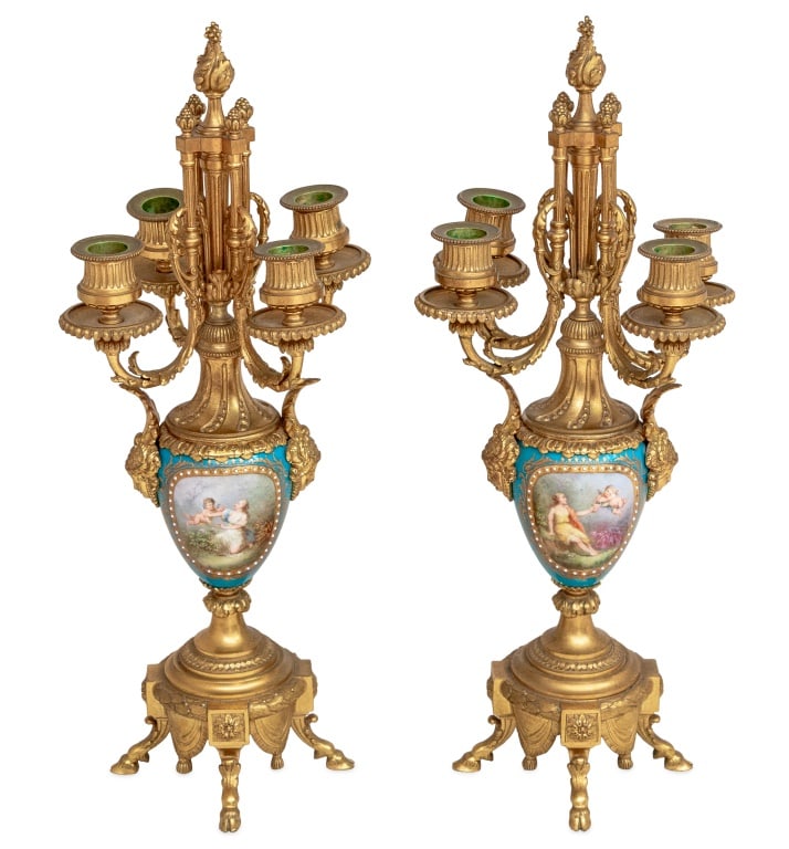 French Gilt Metal & Blue Porcelain Candelabra, Pr.: Pair of French Gilt Metal Mounted and Bleu Celeste Porcelain Four-Branch Candelabra, late 19th century, each with scrolled candle arms on an urn shaped body with masque head mounts, painted romantic