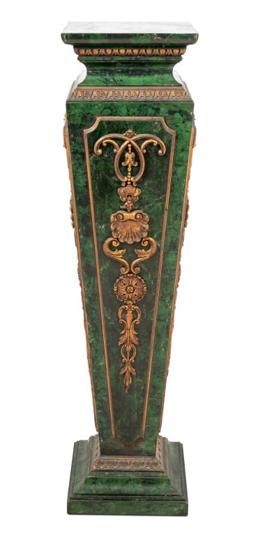 French Faux Green Marble and Gold-Painted Pedestal: French Faux Green Marble and Gold-Painted Pedestal, 20th century, the square top above a paneled tapering column, with applied scrolled decoration on a square stepped plinth. 48.25" H x 12.25" W x
