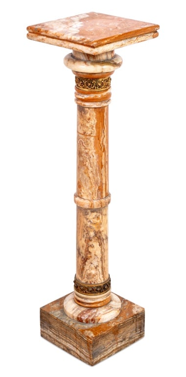 French Gilt Metal Mounted Alabaster Pedestal: French Gilt Metal Mounted Alabaster Pedestal, early 20th century. 39" H x 10" W x 10" D. Keywords: Antique Furniture, Display stand, Base, Plinth, Sculpture gallery, Plant stand, Column, Specimen