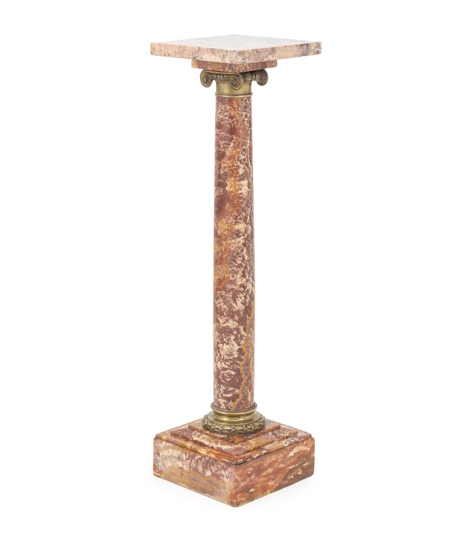 French Gilt Metal Mounted Sicilian Jasper Pedestal: French Gilt Metal Mounted Sicilian Red Jasper Pedestal, early 20th century, with an associated square granite top, above an ionic column, on a square plinth. 42" H x 11" W x 11" D. Keywords: Antique