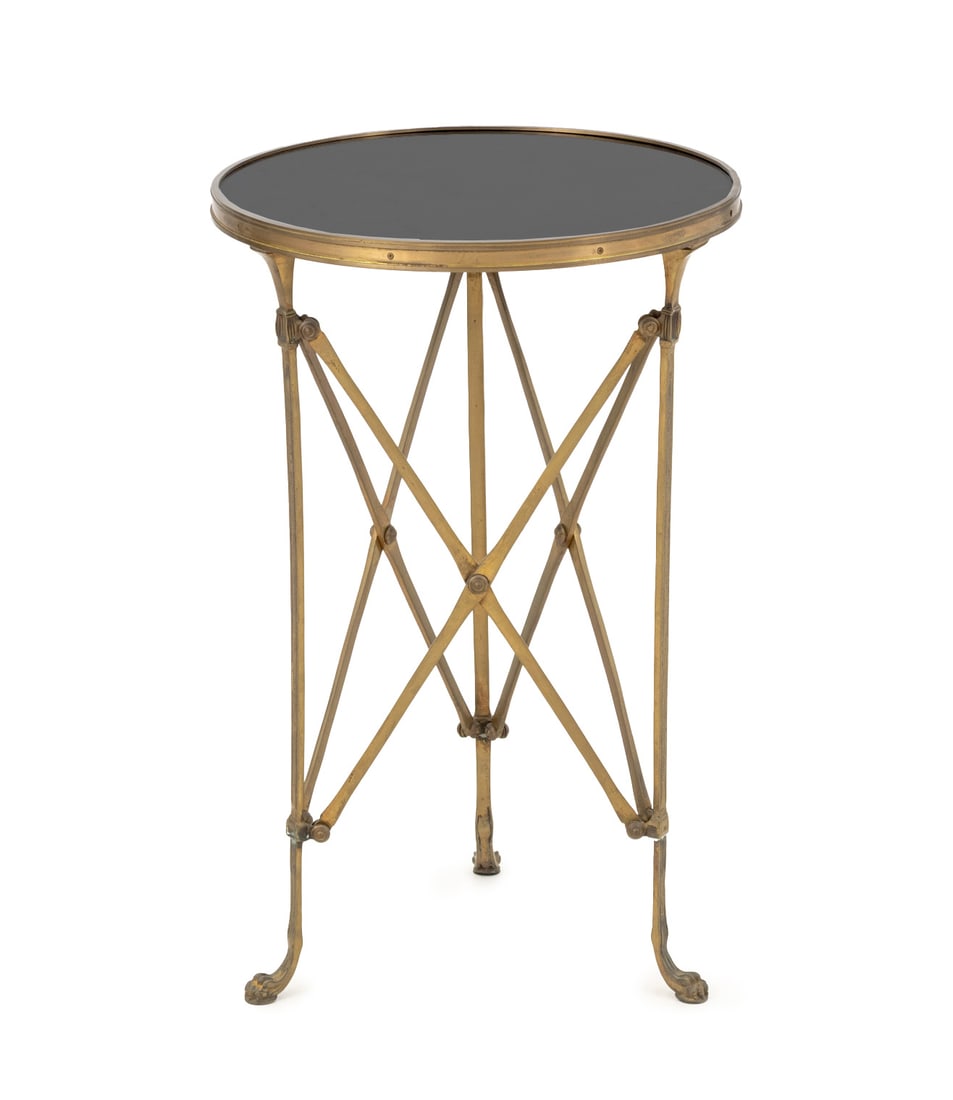 Directoire Style Black Marble Top Gueridon: Directoire Style Black Marble Top Gueridon, with circular top and brass table base above claw feet. 26.75" H x 17" Diameter. Provenance: From an Upper East Side Collection. Keywords: Vintage
