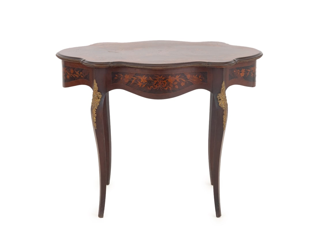 Louis XV Style Marquetry Kingwood Table, 19th C.: Louis XV Style Gilt Metal Mounted Kingwood and Marquetry Scalloped Shaped Center Table, late 19th century. 28.5" H x 37" W x 24.75" D. Keywords: European Furniture, Antique Furniture, French Furniture