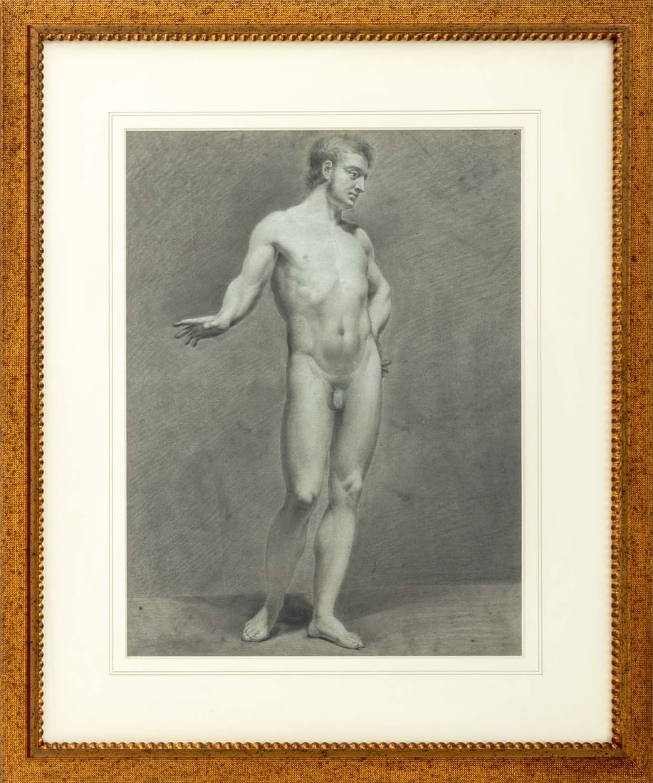 Alexis Bafcop Standing Male Nude Charcoal: Alexis Bafcop (Flemish, 1804-1895), Standing Nude Man, Charcoal on Laid Paper, giltwood frame Image: 22.5" H x 16.75" W; frame: 33.75" H x 28.25" W x 1" D. Provenance: From a New York City