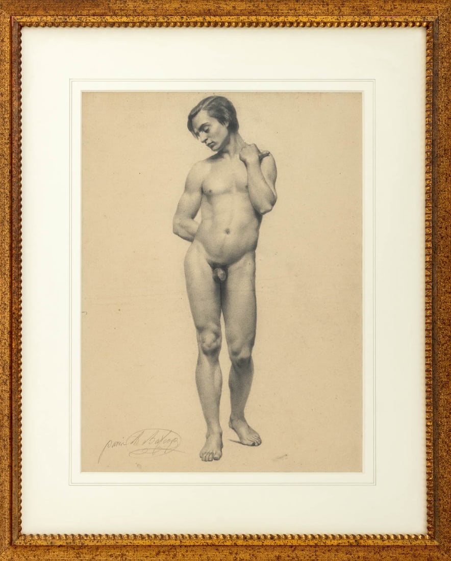Alexis Bafcop Standing Male Nude Charcoal: Alexis Bafcop (Flemish, 1804-1895), Standing Nude Man, Charcoal on Paper, signed in pencil lower left, giltwood frame. Image: 22.5" H x 16.75" W; frame: 34" H x 26.25" W x 1" D. Provenance: From a New