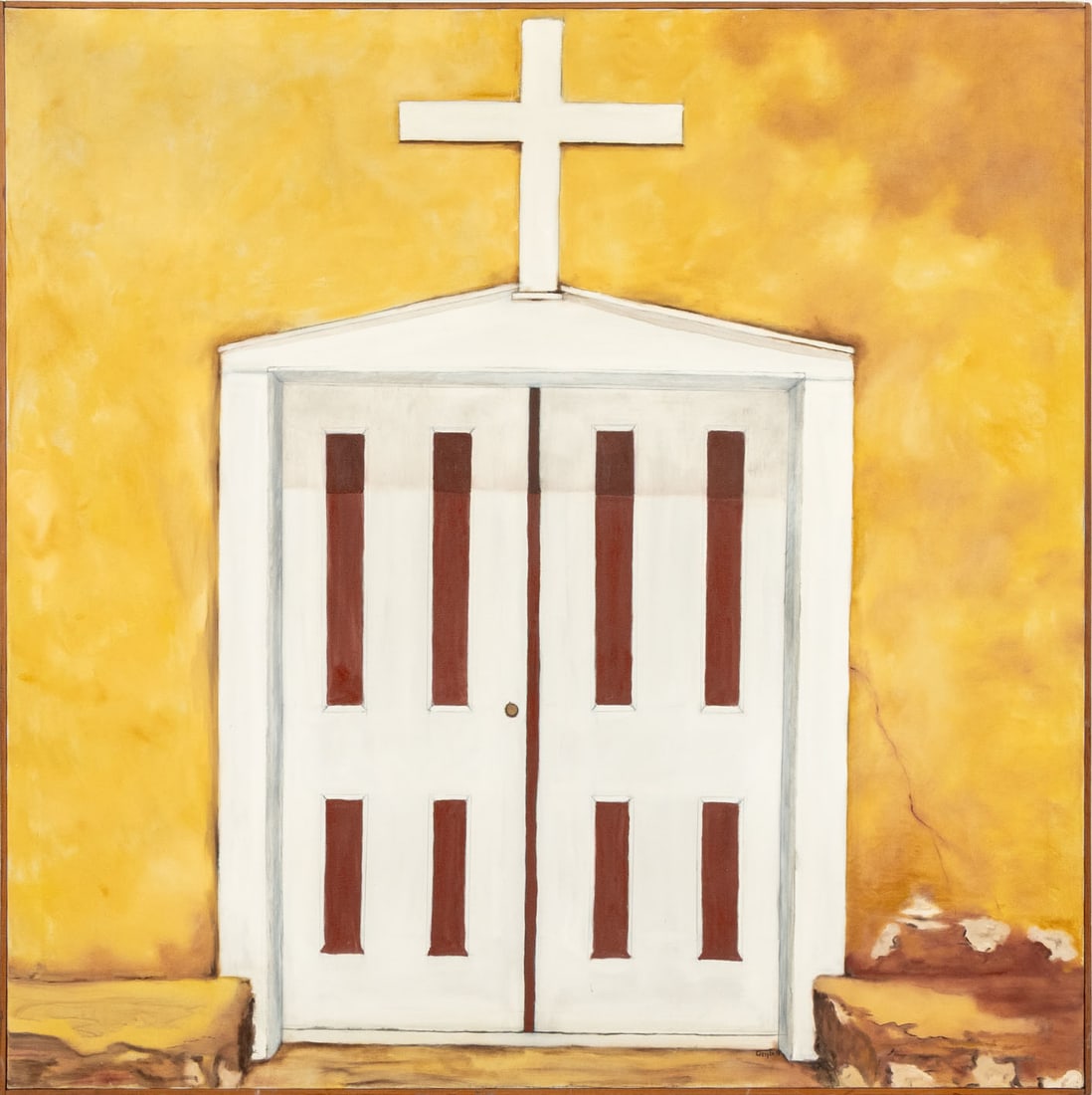 Campbell Signed Church Door Facade Oil on Canvas: Contemporary School, Church Door Facade, Oil on Canvas, signed "Campell" lower right, wood frame. Image: 48" H x 48" W; frame: 49" H x 48.5" W x 1.75" D. Provenance: From a New York City Collection.