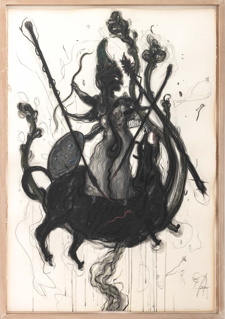 Robert Dandarov Warrior & Monster Mixed Media: Robert Dandarov (Macedonian/American, b. 1959), Warrior Battling a Monster Scene, Mixed Media on Paper, signed in pencil and dated lower right, wood frame. Image: 43" H x 30" W'; frame: 46.25" H x 32.