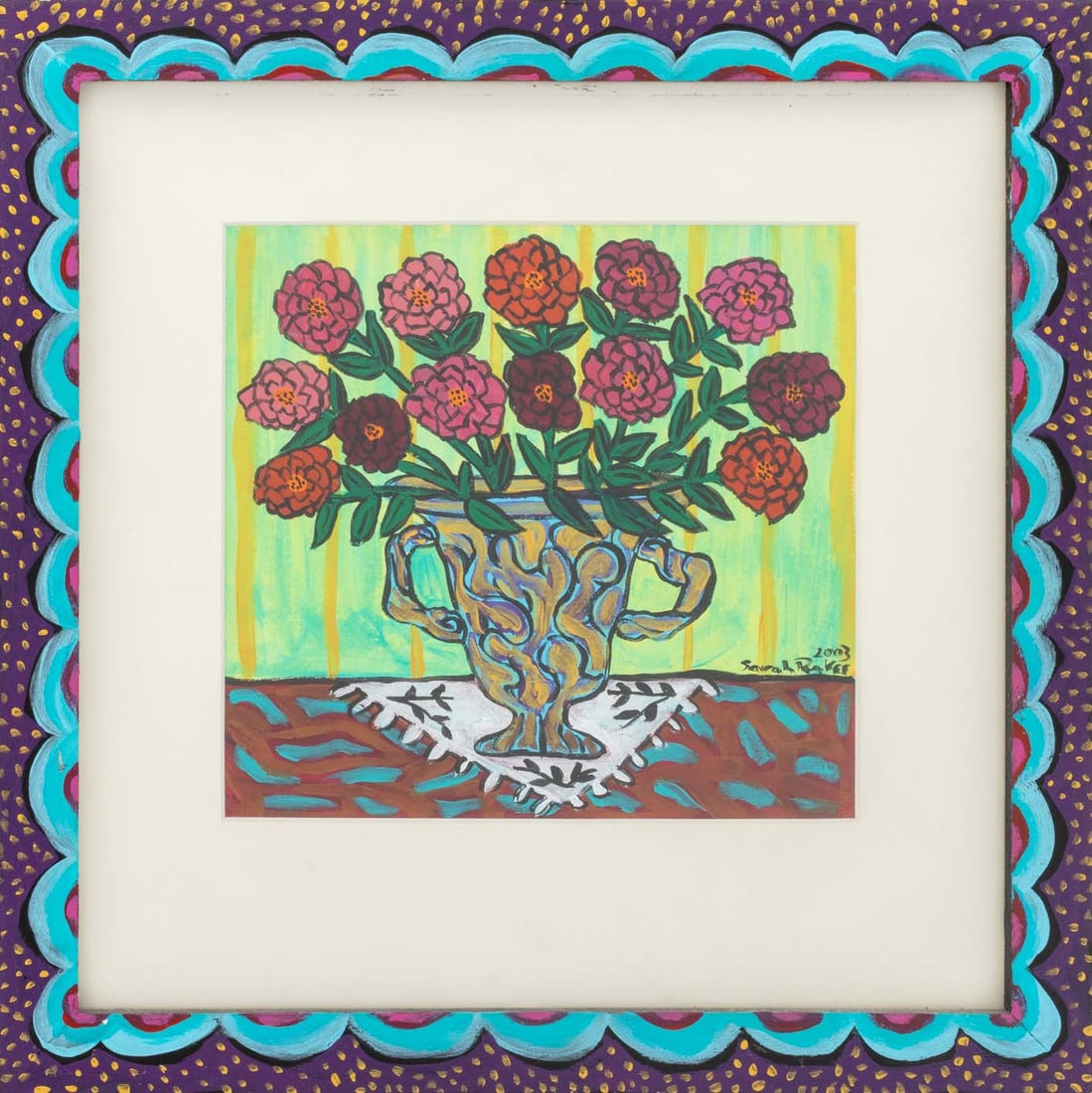 Sarah Rakes "Mix Zinnias on a Tabletop" Acrylic: Sarah Rakes (American, b. 1955), "Mix Zinnias on a Tabletop", Acrylic on on Board, 2003, signed and dated lower right, titled and with Maria Weber / Art Objects Inc. label to reverse, artist painted