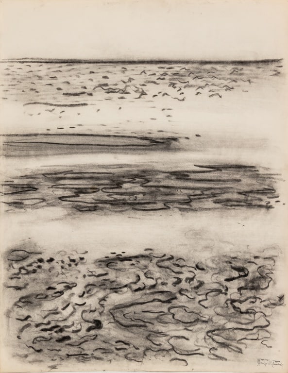 Manfred Schwartz Beach Seascape Charcoal on Paper: Manfred Schwartz (American, born Poland, 1909-1970), Beach Seascape, Charcoal on Paper, with the artist's signature stamped lower right, unframed. 25.75" H x 20" W. Provenance: From a 35 East 75th Str