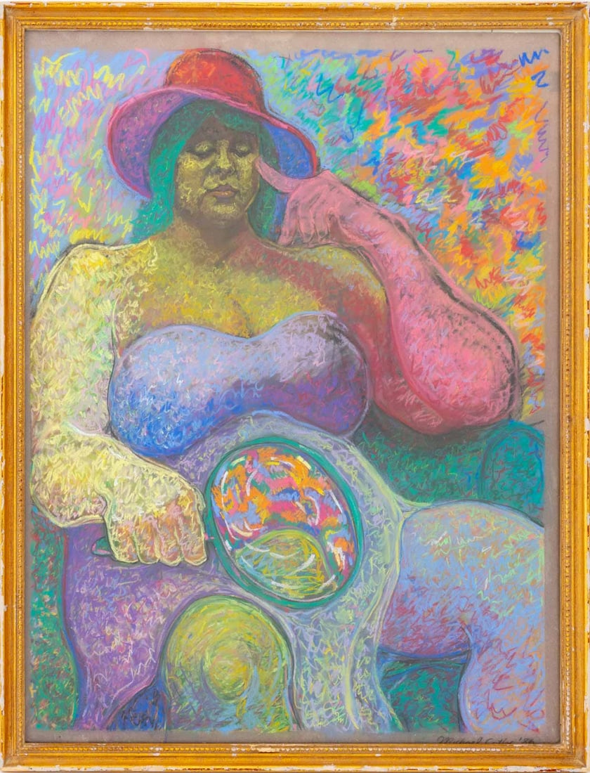 Michael Cutler "Seated Woman" Pastel, 1986: Michael Cutler (American, XX), "Seated Woman", Pastel on Paper, 1986, signed and dated in pencil lower right, with Art Students League label verso, giltwood frame. 25.5" H x 19.5" W; frame: 27.25" H
