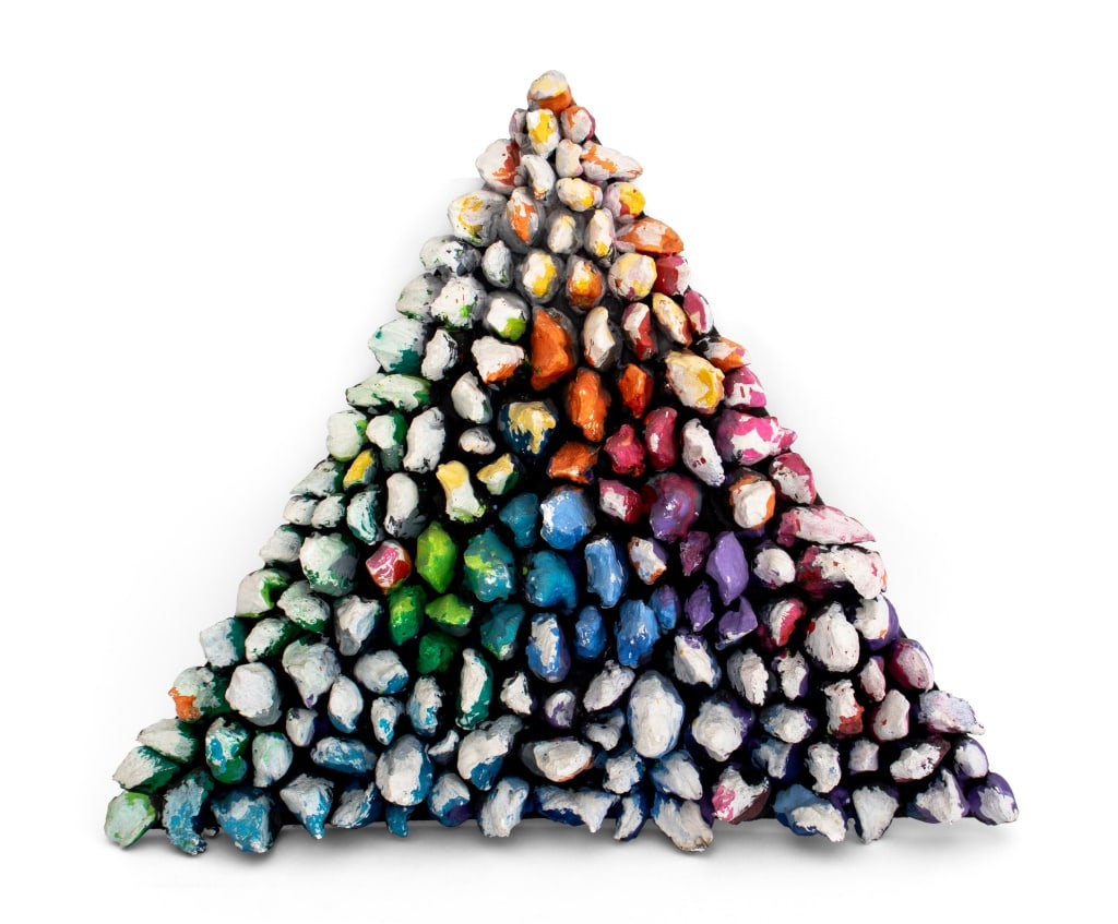 Elfi Schuselka Triangle Mixed Media Wall Sculpture: Elfi Schuselka (Austrian, b. 1940), Triangle, Mixed Media Wall Sculpture, apparently unsigned, stamped "Studio Elfi Schuselka" verso. 3" H x 24.5" L x 23" D. Provenance: From the collection of the