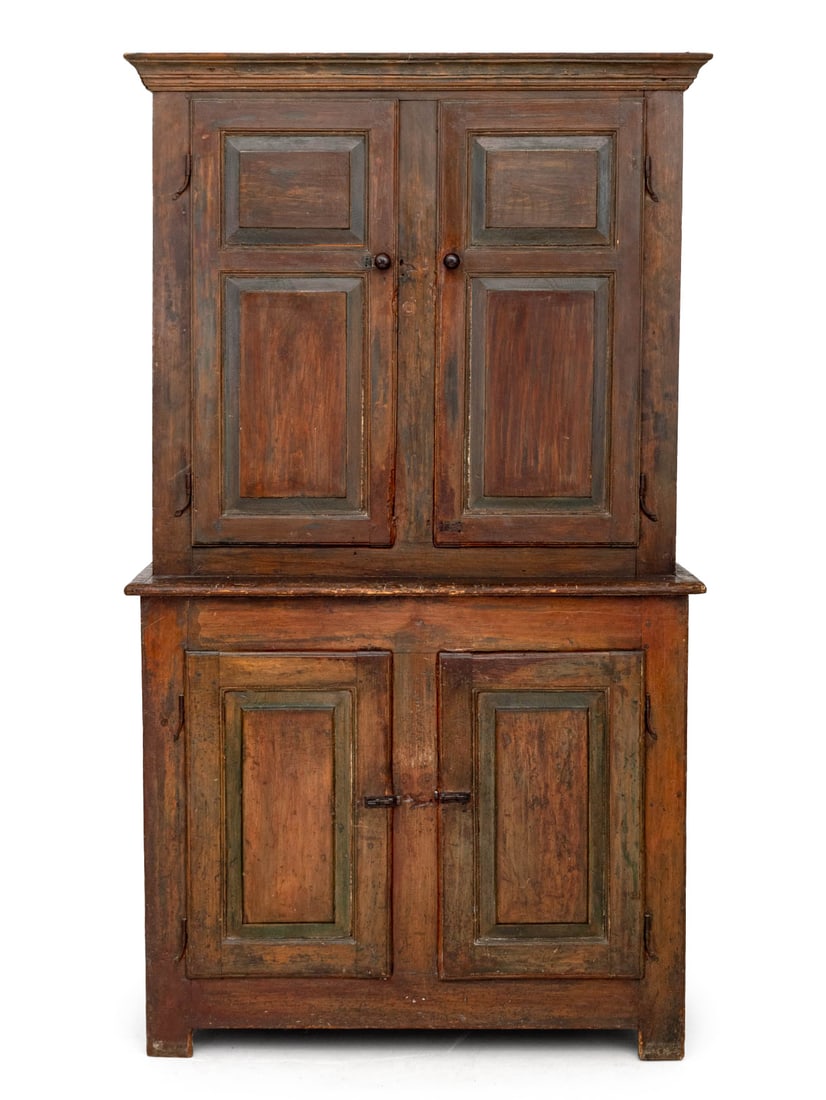 American Pine Stepback Cupboard, 19th C.: American Pine Step Back Cupboard, 19th century, the top portion with two cabinet doors opening to red painted interior with three shelves above two door cabinet with three shelves on four bracket