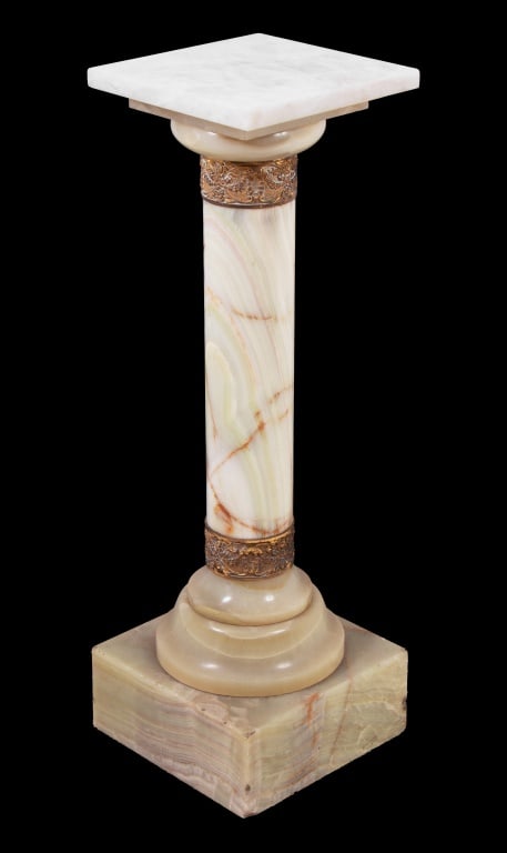 French Gilt Metal Mounted Onyx Pedestal: French Gilt Metal Mounted Onyx Pedestal, early 20th century, of typical form. 36" H x 12" W x 12" D. Keywords: Antique Furniture, European Furniture, French Furniture, Display stand, Plant stand,