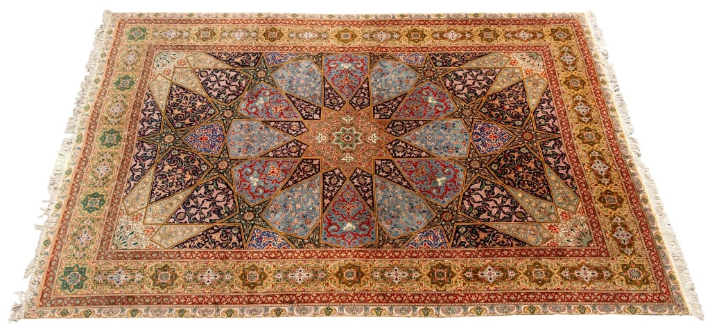 Iran Tabriz Wool and Silk Carpet, 12' 2" x 8' 2.5": Irani Tabriz Lamb's Wool and Silk Pile Carpet, with polychrome floral geometric design, label to underside. 12' 2" L x 8' 2.5" W. Provenance: Pasargad Importers, New York. From a Park Avenue Estate.