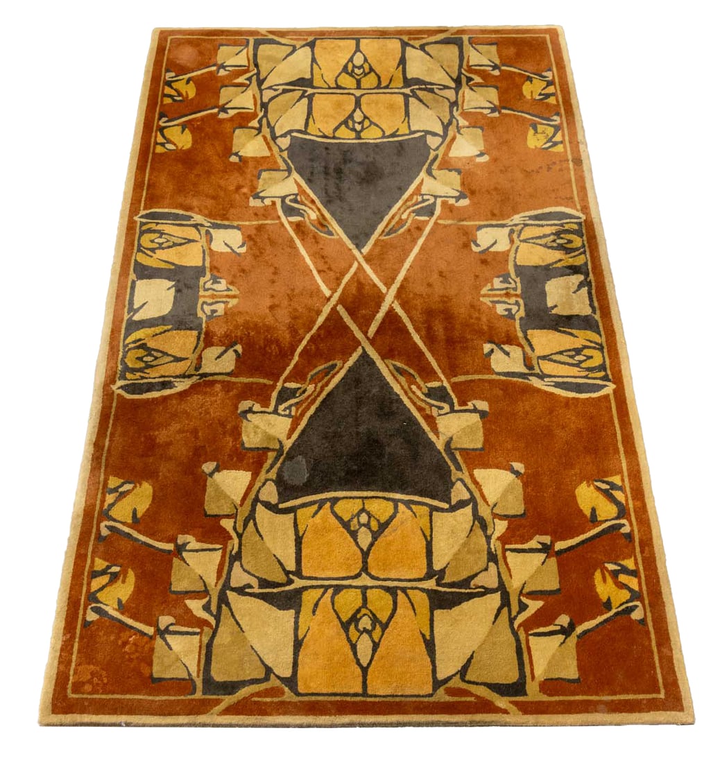 Hokanson Art Nouveau Style Rug, 7' 7.5" x 4' 2": Hokanson Art Nouveau Style Wool Rug, with green and yellow abstract floral motif on brown ground, "Hokanson" label and "Made in Canada" mark to underside. 7' 7.5" L x 4' 2" W. Provenance: From a 28