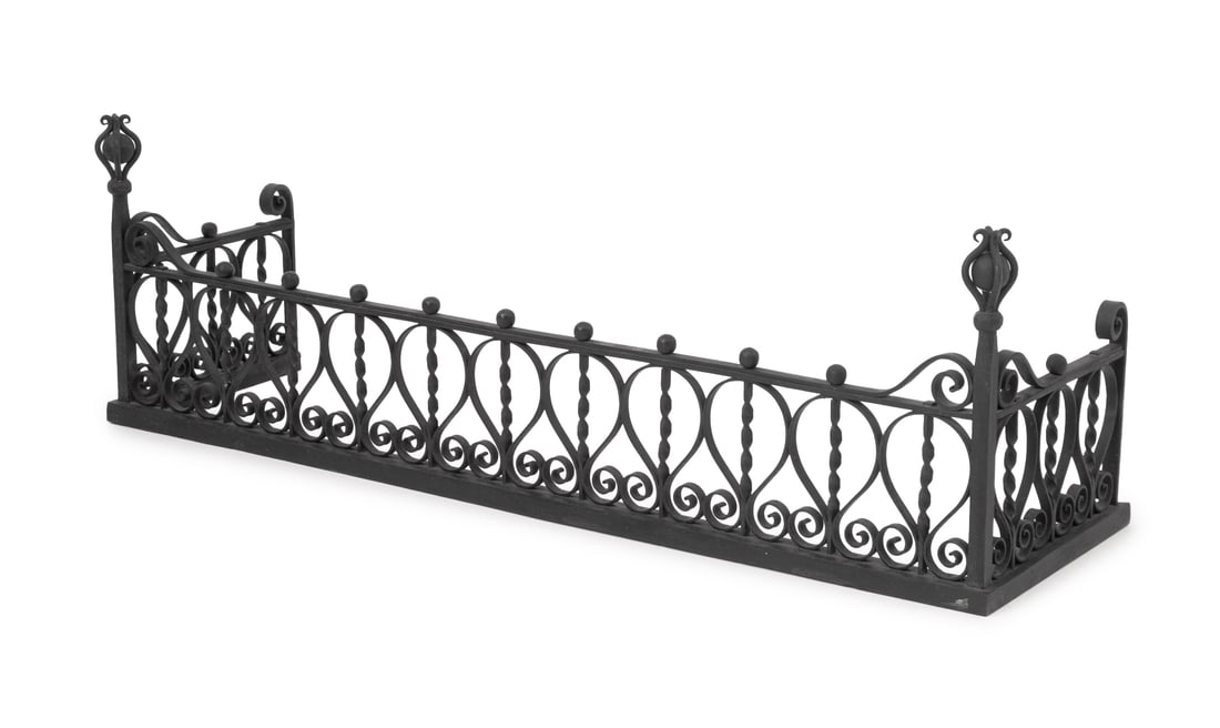 Gothic Style Wrought Iron Fireplace Fender: Gothic Style Wrought Iron Fireplace Fender. 15.25" H x 48" W x 14" D. Provenance: From an East 35th Street Estate. Keywords: Fireplace accessories, Hearth, Metalwork, Scrollwork, Interior design, Deco