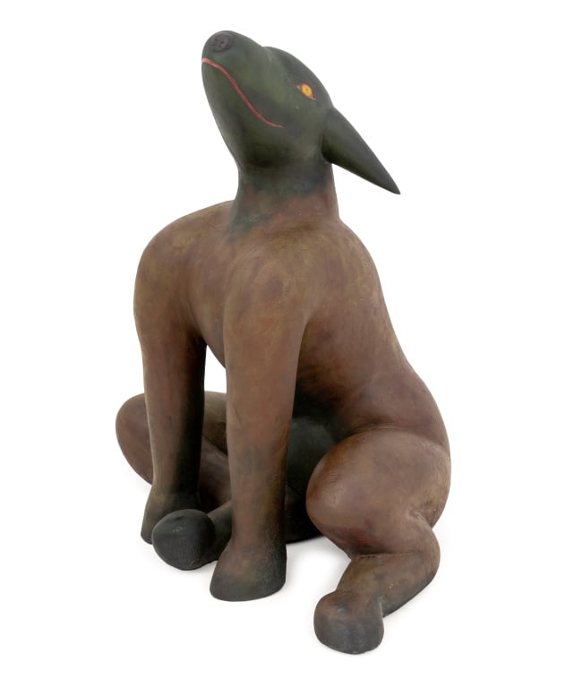 Folk Art Seated Dog Polychrome Painted Sculpture: Folk Art Seated Dog Carved and Polychrome Painted Sculpture, signed "Peer" to underside. 31" H x 27" W x 18" D. Provenance: From an East Village Estate. Keywords: Outside Art, Carving, Statue, Large