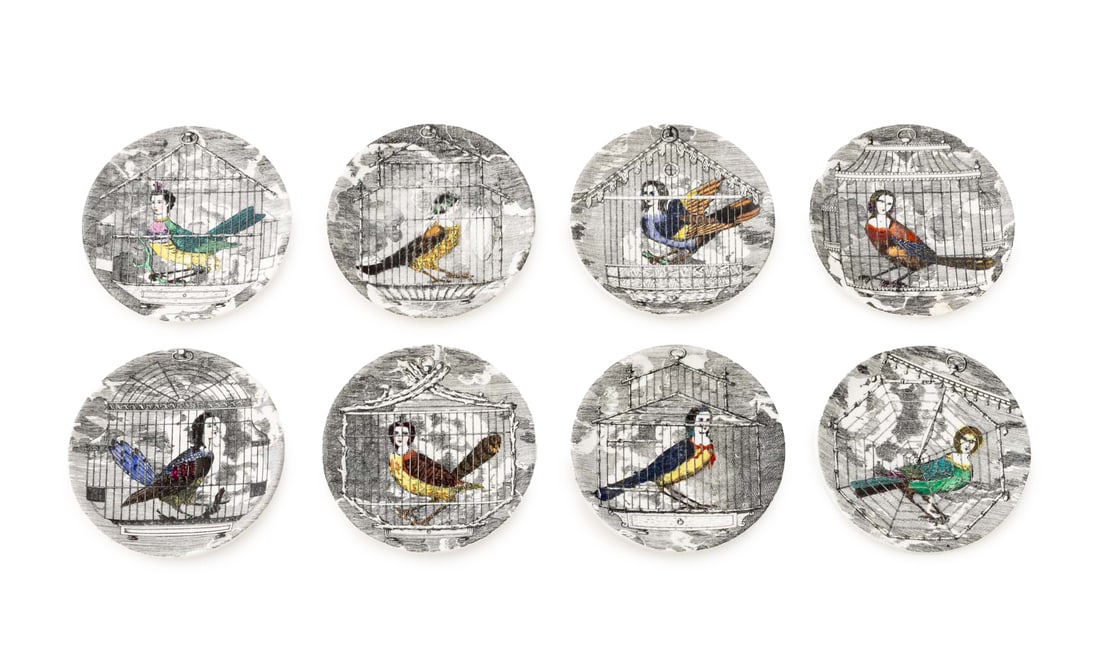 Fornasetti Le Arpie Gentili Porcelain Coasters, 8: Set of Eight Fornasetti "Le Arpie Gentili" Porcelain Coasters, depicting caged harpy with hand-colored embellishments, marked "Le Arpie / Gentili / Fornasetti Milano / Made in Italy" to the