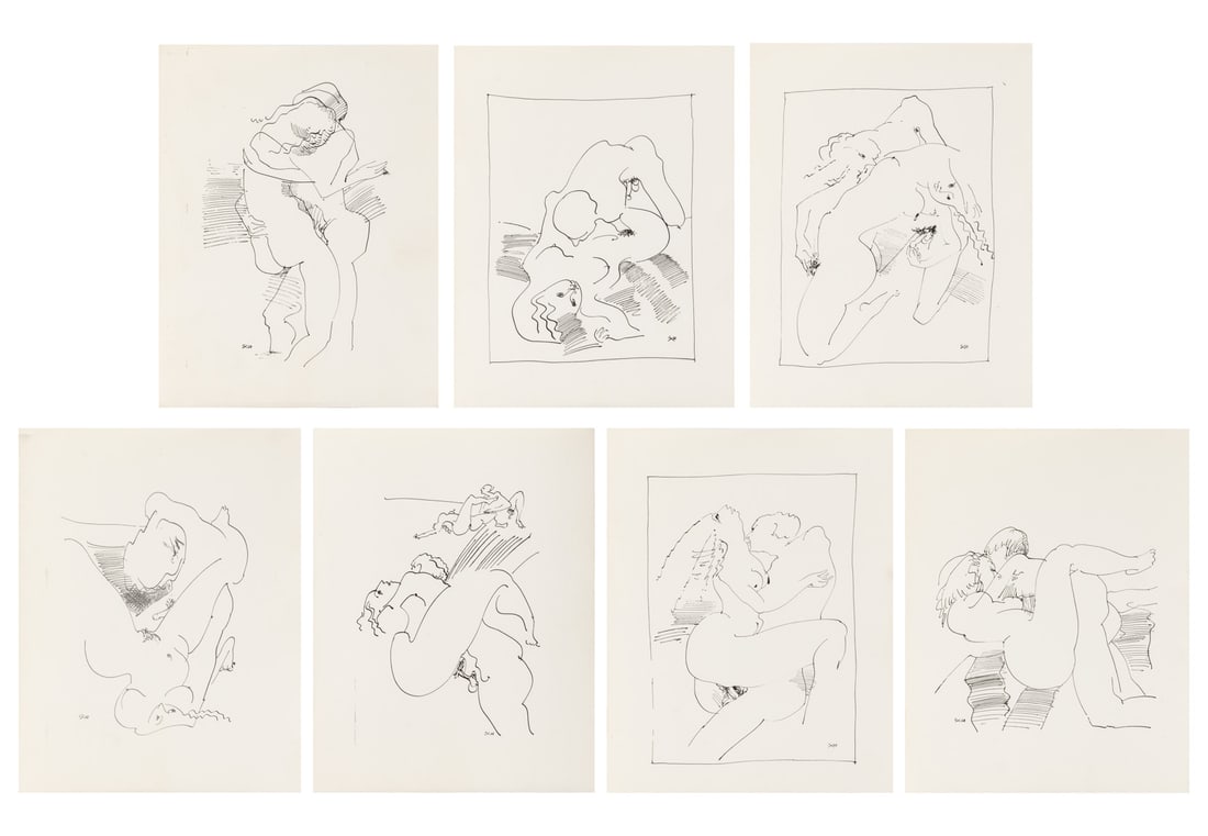 Erotica Scenes Lithographs, 1968, 7: 20th Century School, Set of Seven Erotica Scenes, Lithographs, 1968, initialed "SK?" and dated, unframed. Each: 11" L x 8.5" W. Provenance: From a Chelsea Townhouse. Keywords: Prints, Multiples,