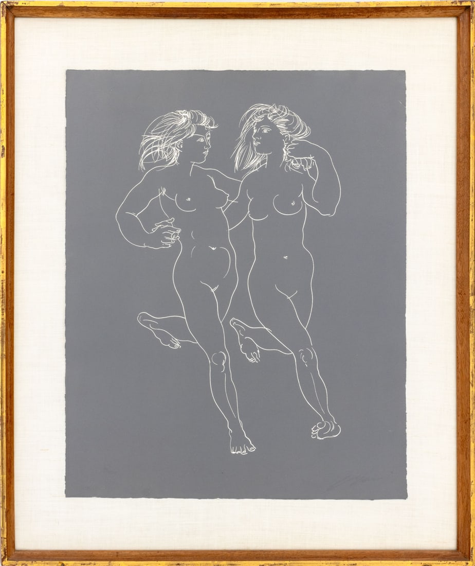 Hans Erni "Two Running Nymphs" Linocut: Hans Erni (Swiss, 1909-2015), "Two Running Nymphs", Linocut, signed in pencil lower right, numbered edition "99/120" lower left with blindstamp, giltwood frame. Image: 22.5" H x 17.5" W; frame: 29.25"
