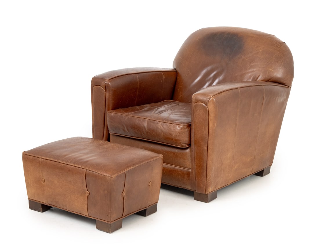 Art Deco Brown Leather Club Chair and Ottoman (1 of 10)