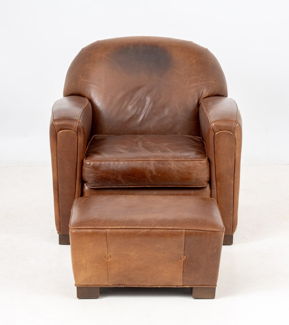 Art Deco Brown Leather Club Chair and Ottoman - 2