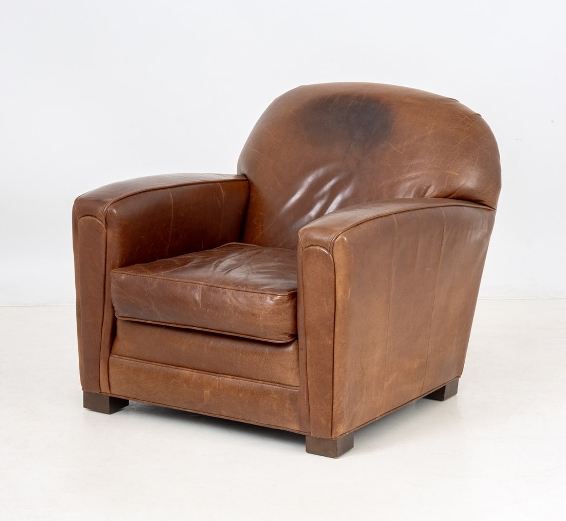 Art Deco Brown Leather Club Chair and Ottoman - 7