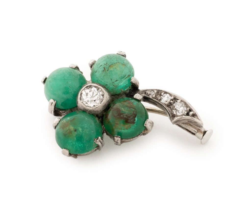 14K White Gold Emerald Diamond Floral Brooch (1 of 6)