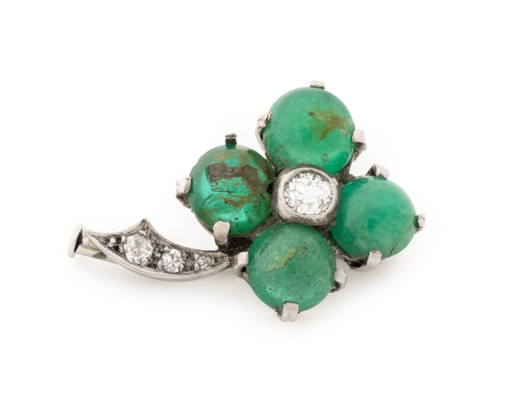 14K White Gold Emerald Diamond Floral Brooch - 2