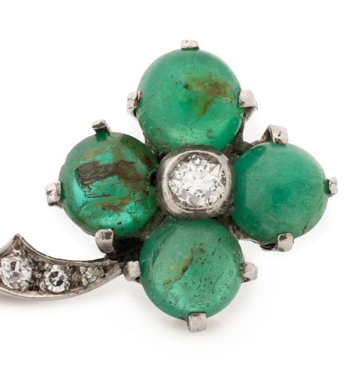 14K White Gold Emerald Diamond Floral Brooch - 4