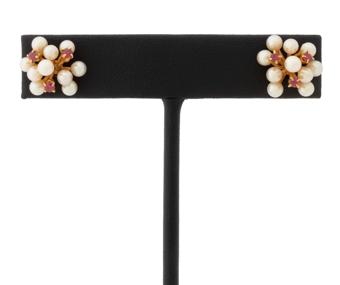 18K Yellow Gold Cultured Pearl Ruby Earrings (1 of 6)