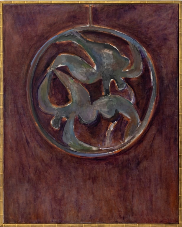 Manfred Schwartz The Ring in Plum Oil on Canvas: Manfred Schwartz (American, born Poland, 1909-1970), The Ring in Plum, Oil on Canvas, depicting two acrobats in dangling hoop on purple ground, apparently unsigned, giltwood frame. Image: 50" H x 40"