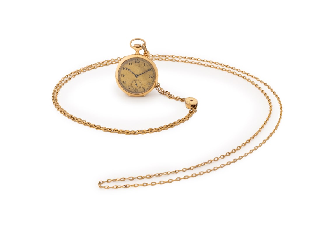 18K Gold Open Face Pocket Watch, Gold Plated Chain (1 of 9)