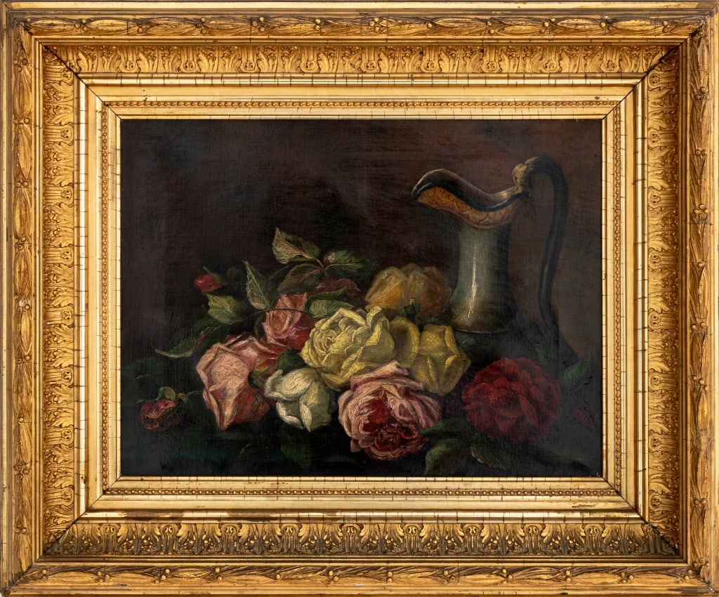 Floral Still Life with Ewer Oil on Canvas, 19th C.: 19th Century School, Still Life Scene of Flowers and Ewer, Oil on Canvas, unsigned, giltwood frame. Image: 11.5" H x 15.5" W; frame: 19.25" H x 23" W x 2.75" D. Provenance: From a Fifth Avenue