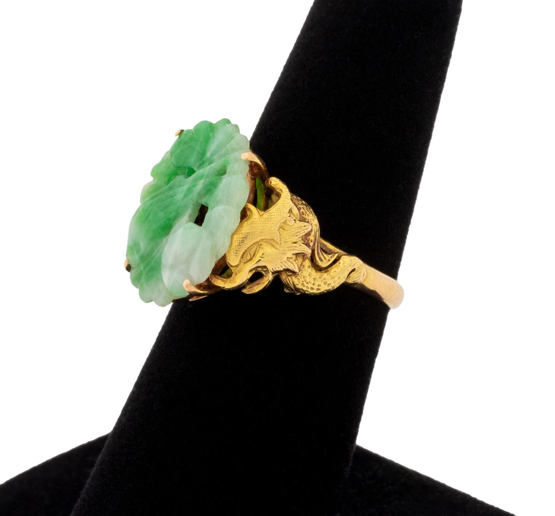 Chinese 14K Yellow Gold Carved Jade Ring (1 of 10)