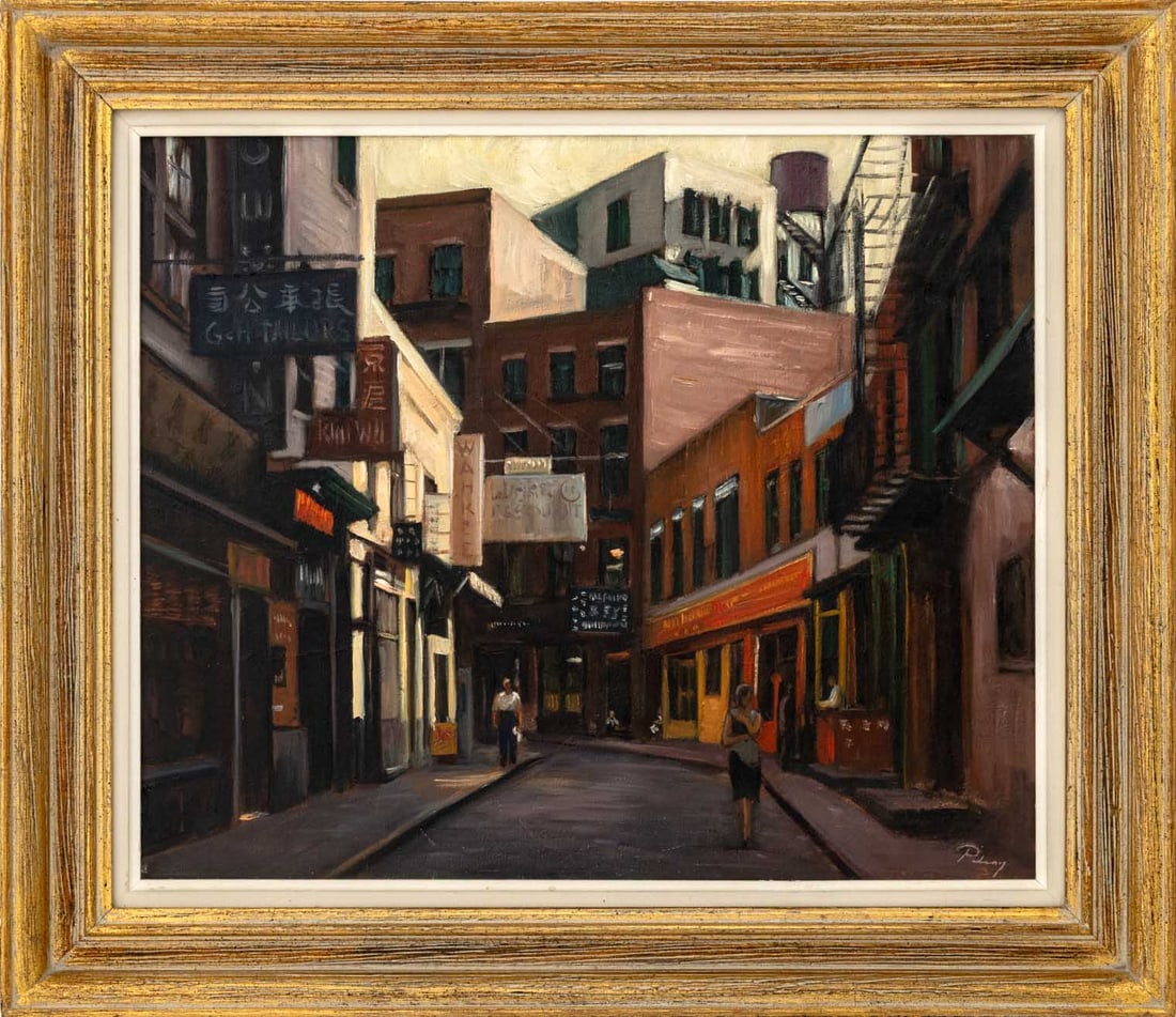 Chinatown Street Scene Oil on Canvas, 20th C. (1 of 8)