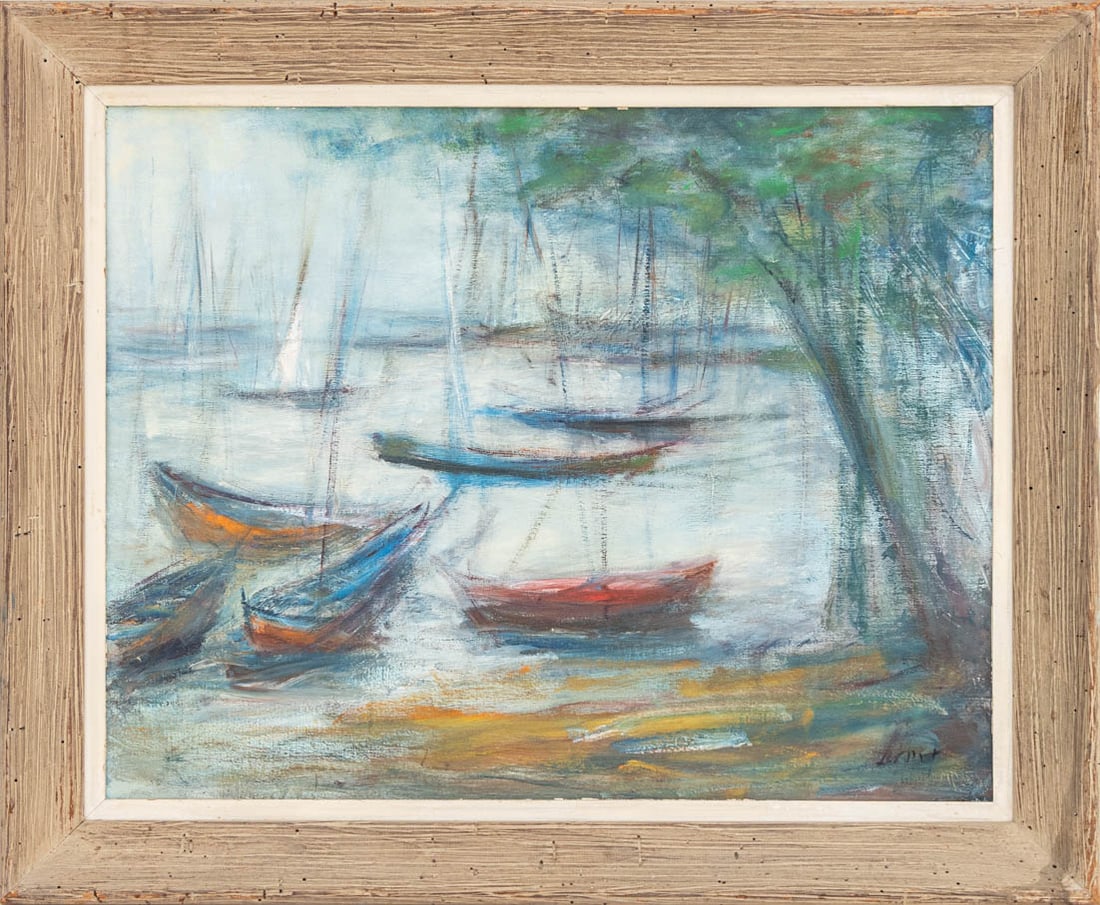 Illegibly Signed Sailboat Scene Oil on Canvas (1 of 6)