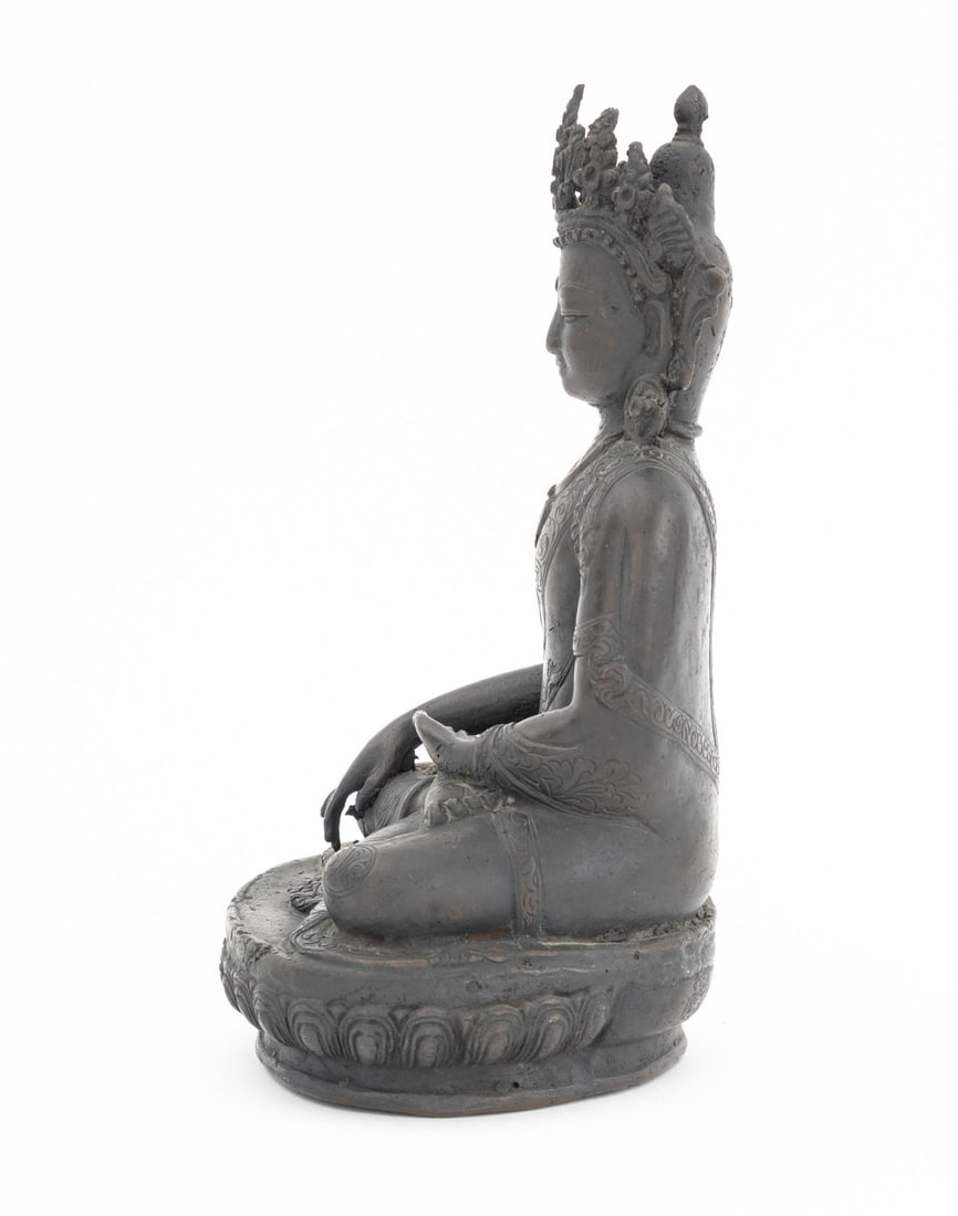 Tibetan Seated Buddha Patinated Bronze Sculpture - 5