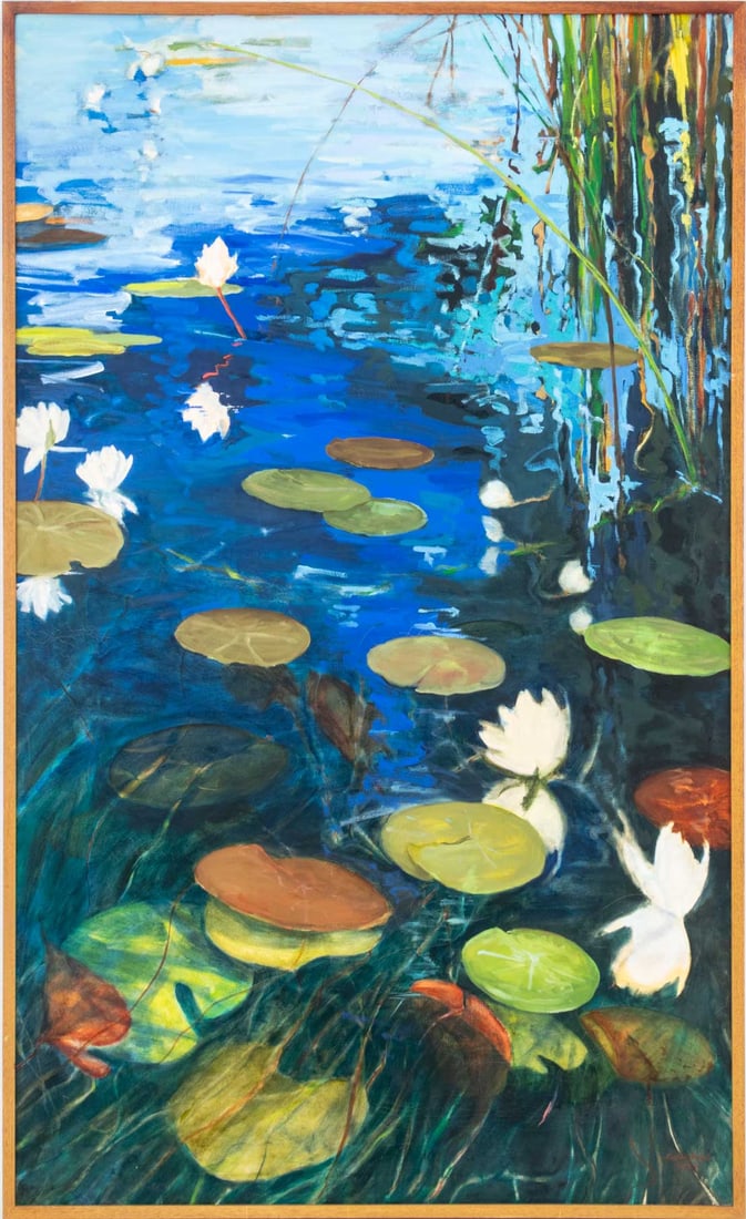 Cushla Naegle "Okavango Delta" Oil, 1989: Cushla Naegle (American, b. 1959), "Okavango Delta", Oil on Canvas, 1989, signed and dated lower right, artist label verso, wood frame. Image: 69.25" H x 41.5" W; frame: 72" H x 43.25" W x 2.25" D. Pr