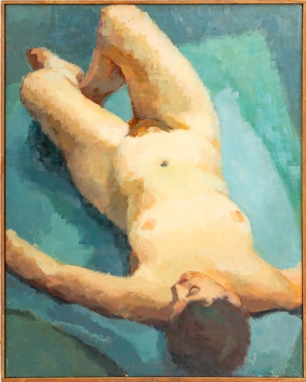 Edwin Brent Reclining Female Nude Oil on Canvas: Edwin Brent (American, 1921-2004), Reclining Nude Female Figure, Oil on Canvas, 1952-53, signed, marked "Brackman A.M." and with Art Students League of New York label verso, wood frame. Image: 30" H x