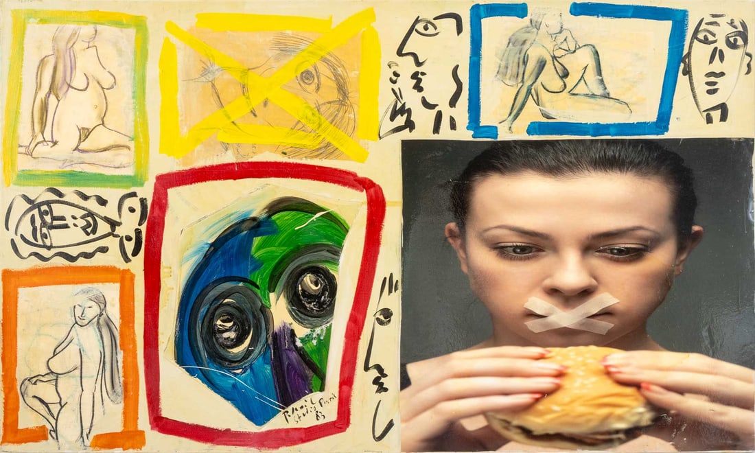 Peter Robert Keil "Camp Elesey" Mixed Media, 1983: Peter Robert Keil (German, b. 1942), "Camp Elesey", Mixed Media Collage on Canvas,1983, signed lower left, signed, titled and dated verso, unframed. 36" H x 60" W x 1.5" D. Provenance: From a New