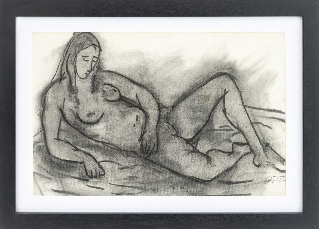 Manfred Schwartz Nude Woman Study Charcoal: Manfred Schwartz (American, born Poland, 1909-1970), Nude Woman Study, Charcoal on Paper, artist's signature stamp lower right, black easel frame. Image: 10.5" H x 16.5" W; frame: 15" H x 20.75" W x 0